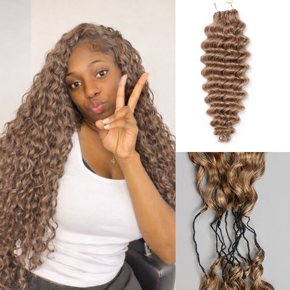 Hair Care Honey - Honigbraune Feder-Häkel-Echthaarverlängerung für Zöpfe, tiefe Welle,